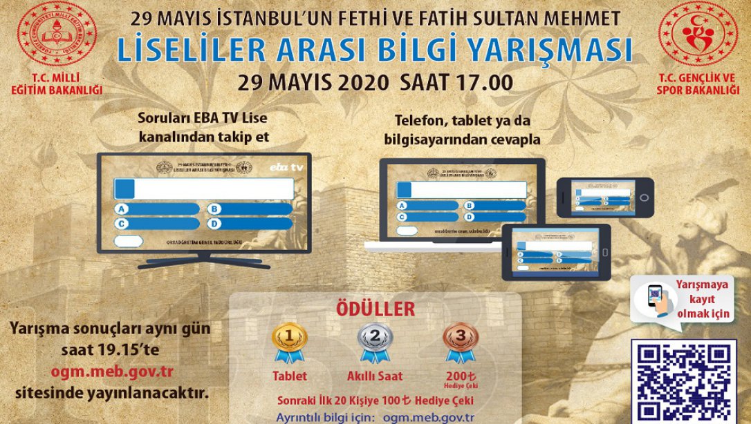 29 Mayıs “İstanbul’un Fethi ve Fatih Sultan Mehmet” temalı bilgi yarışmasına katılın, hem eğlenin hem kazanın
