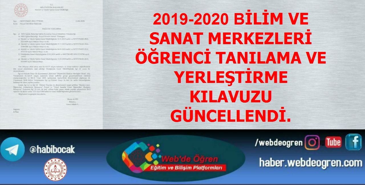 2019-2020 Bilim Ve Sanat Merkezleri Öğrenci Tanılama Ve Yerleştirme Kılavuzu Güncellendi.