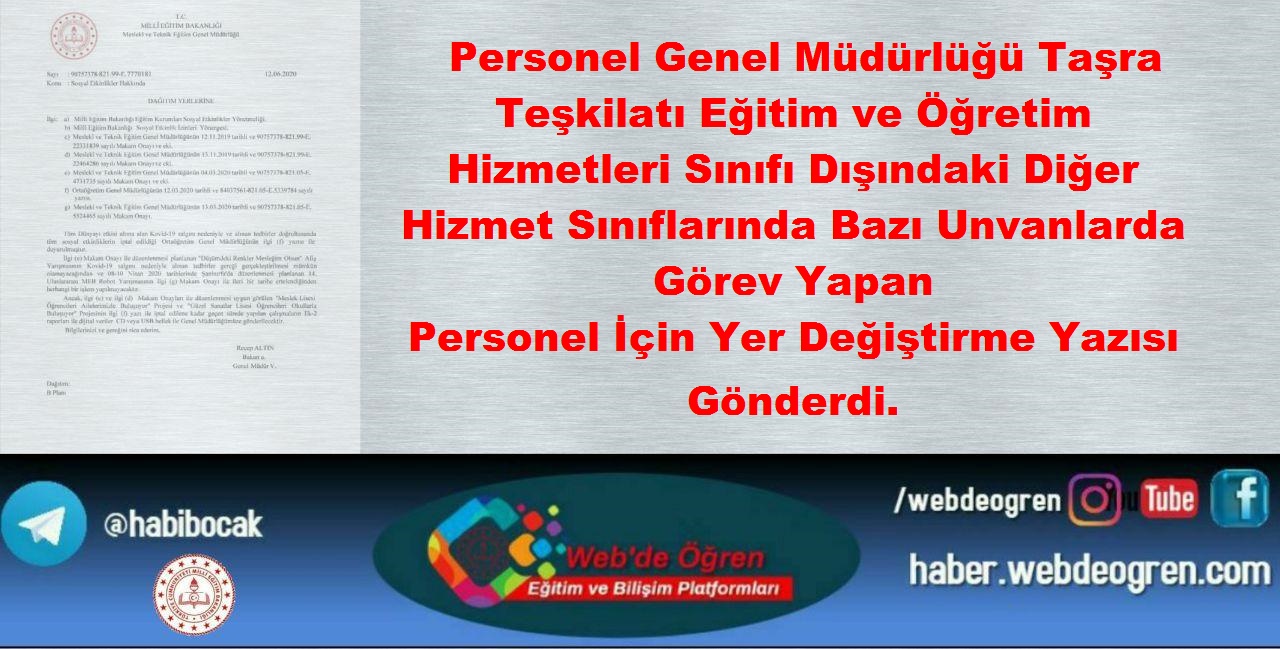 Personel Genel Müdürlüğü Taşra Teşkilatı Eğitim ve Öğretim Hizmetleri Sınıfı Dışındaki Diğer Hizmet Sınıflarında Bazı Unvanlarda Görev Yapan Personel için Yer Değişikliği Yazısı Gönderdi.