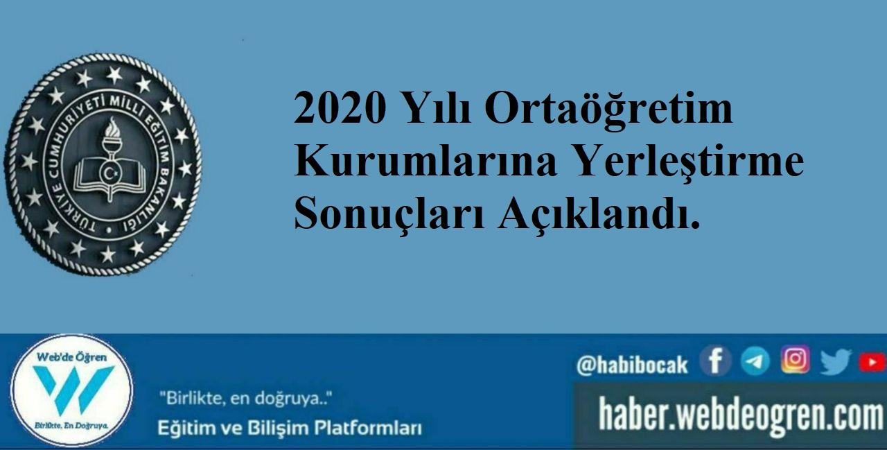 2020 Yılı Ortaöğretim Kurumlarına Yerleştirme Sonuçları Açıklandı.