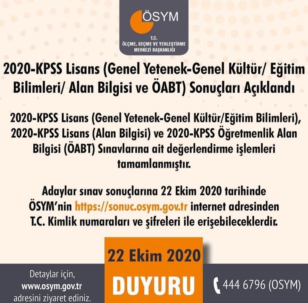 2020-KPSS Lisans (Genel Yetenek-Genel Kültür/Eğitim Bilimleri/Alan Bilgisi ve ÖABT) Sonuçları Açıklandı