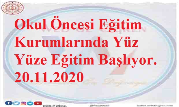 Okul Öncesi Eğitim Kurumlarında Yüz Yüze Eğitim Başlıyor. 20.11.2020