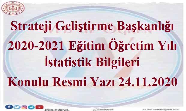 Strateji Geliştirme Başkanlığı 2020-2021 Eğitim Öğretim Yılı İstatistik Bilgileri Konulu Resmi Yazı 24.11.2020