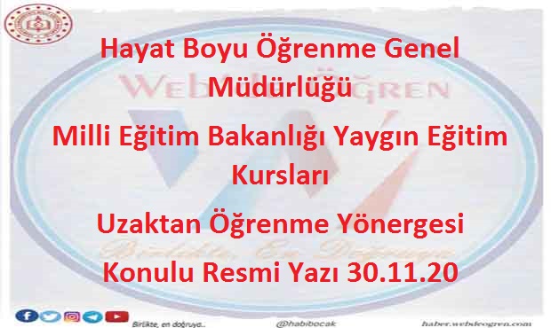 Hayat Boyu Öğrenme Genel Müdürlüğü Milli Eğitim Bakanlığı Yaygın Eğitim KurslarıUzaktan Öğrenme Yönergesi Konulu Resmi Yazı 30.11.20