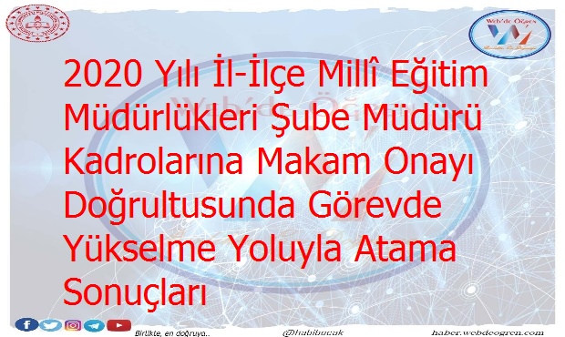 2020 Yılı İl-İlçe Millî Eğitim Müdürlükleri Şube Müdürü Kadrolarına Makam Onayı Doğrultusunda Görevde Yükselme Yoluyla Atama Sonuçları