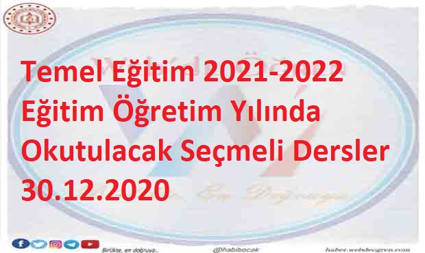 Temel Eğitim 2021-2022 Eğitim Öğretim Yılında Okutulacak Seçmeli Dersler 30.12.2020