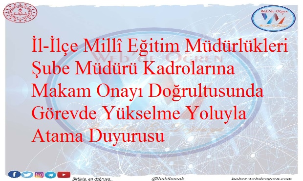 İl-İlçe Millî Eğitim Müdürlükleri Şube Müdürü Kadrolarına Makam Onayı Doğrultusunda Görevde Yükselme Yoluyla Atama Duyurusu
