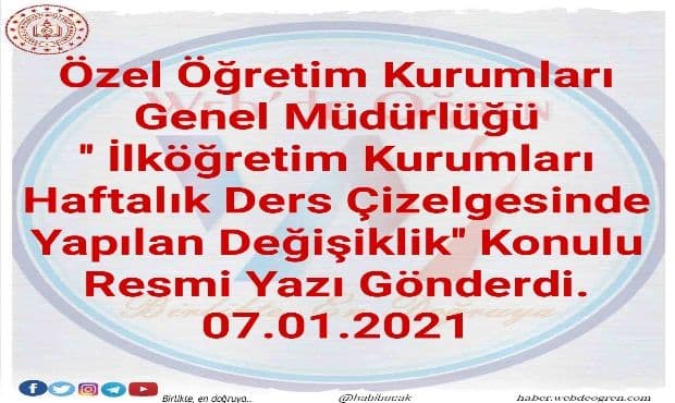 Özel Öğretim Kurumları Genel Müdürlüğü ”İlköğretim Kurumları Haftalık Ders Çizelgesinde Yapılan Değişiklik” Konulu Resmi Yazı Gönderdi. 07.01.2021