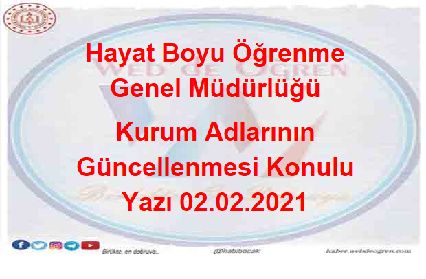 Hayat Boyu Öğrenme Genel Müdürlüğü Kurum Adlarının Güncellenmesi Konulu Yazı 02.02.2021