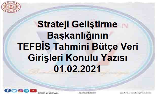 Strateji Geliştirme Başkanlığının TEFBİS Tahmini Bütçe Veri Girişleri Konulu Yazısı 01.02.2021