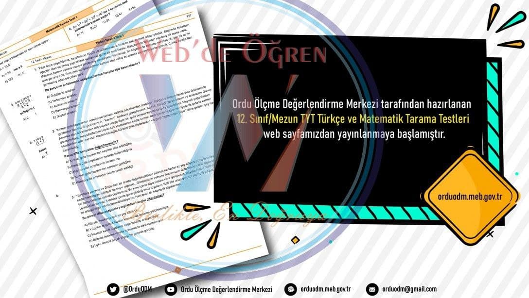 Ordu İl Milli Eğitim Müdürlüğü Ölçme Değerlendirme Merkezi Tarafından Hazırlanan 8. Sınıf ve 12. Sınıf Kazanım Tarama Testleri Yayımlandı.