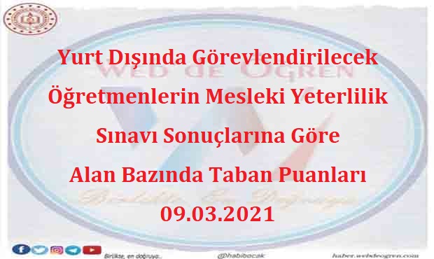 Yurt Dışında Görevlendirilecek Öğretmenlerin Mesleki Yeterlilik Sınavı Sonuçlarına Göre Alan Bazında Taban Puanları 09.03.2021