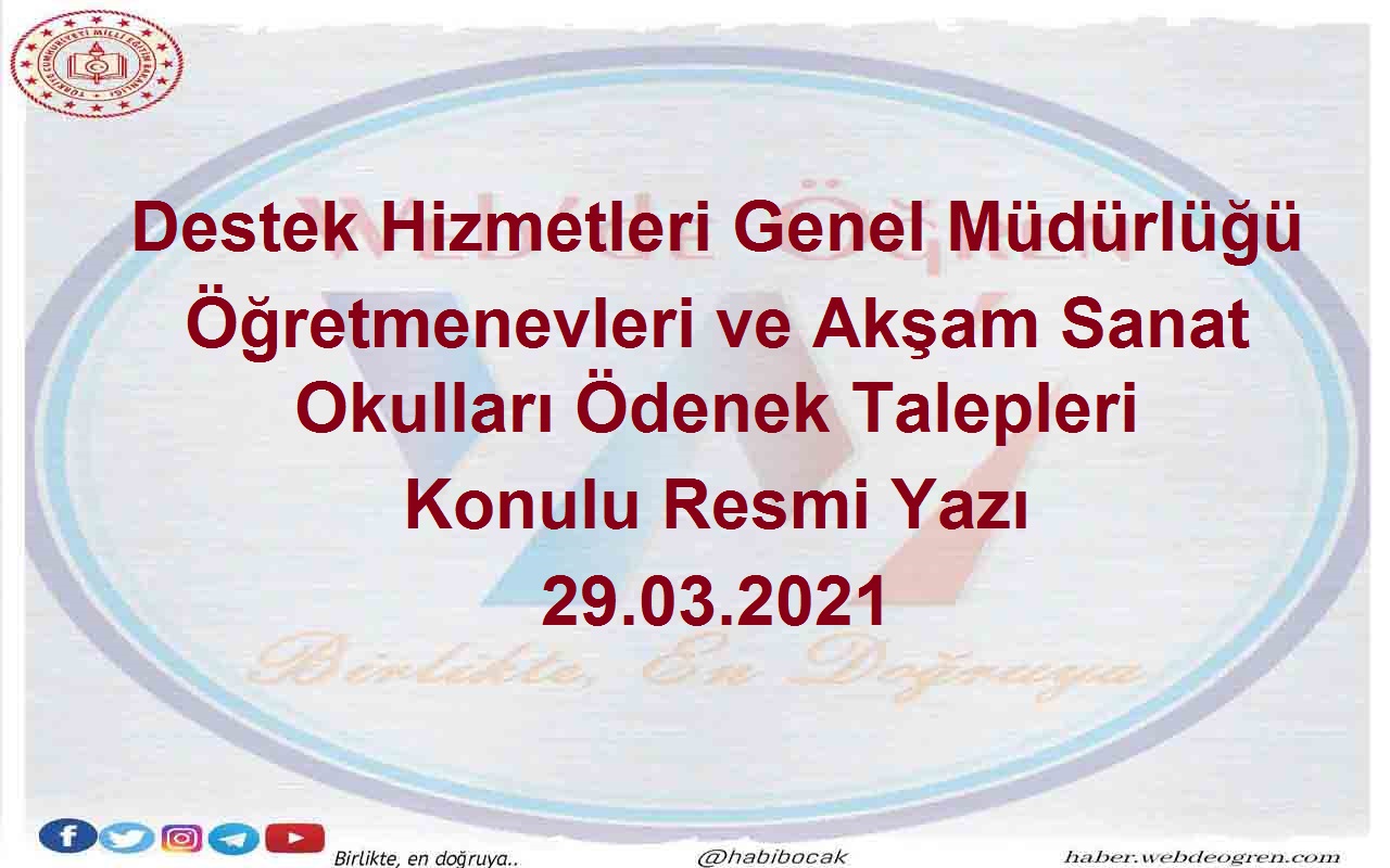 Destek Hizmetleri Genel Müdürlüğü Öğretmenevleri ve Akşam Sanat Okulları Ödenek Talepleri Konulu Resmi Yazı 29.03.2021