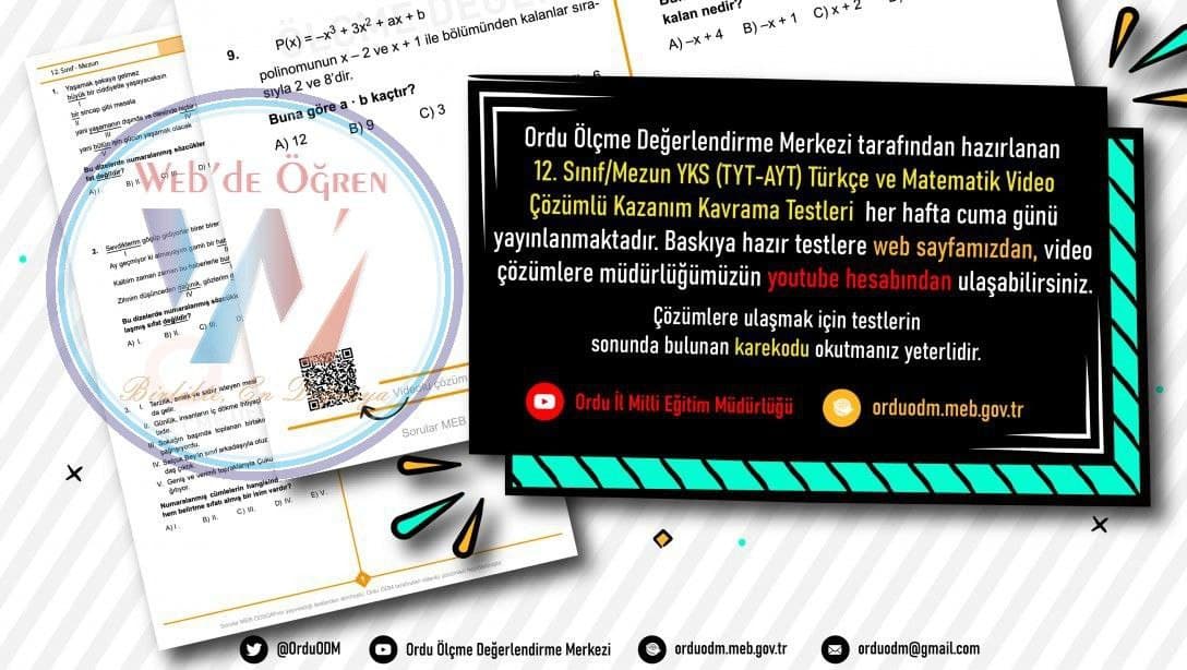 Ordu İl Milli Eğitim Müdürlüğü Ölçme Değerlendirme Merkezi Tarafından Hazırlanan YKS Video Çözümlü Testleri Yayımlandı.