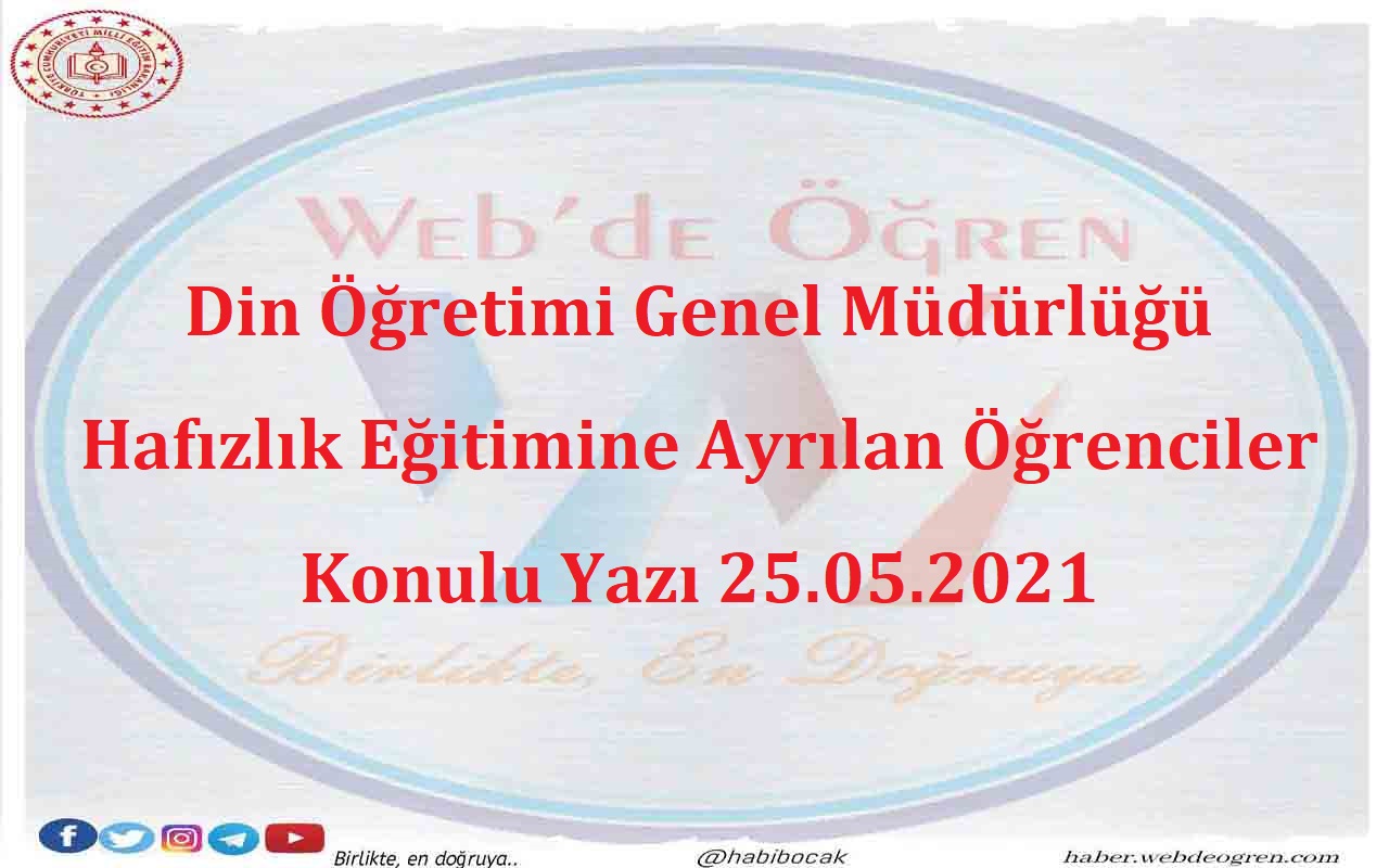 Din Öğretimi Genel Müdürlüğü Hafızlık Eğitimine Ayrılan Öğrenciler Konulu Yazı 25.05.2021