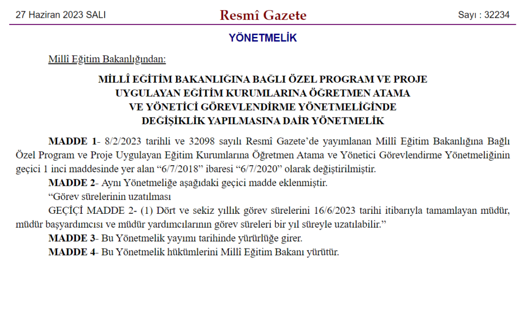 MEB Bağlı Proje Okullarına Öğretmen Atama ve Yönetici Görevlendirme Yönetmeliğinde Değişiklik Yapılmasına Dair Yönetmelik
