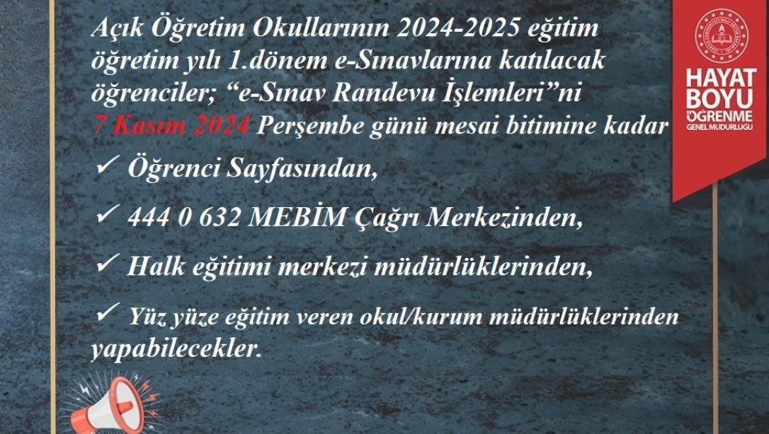Meb’den Açık Öğretim Okulları E-Sınav Randevu İşlemleri Duyurusu