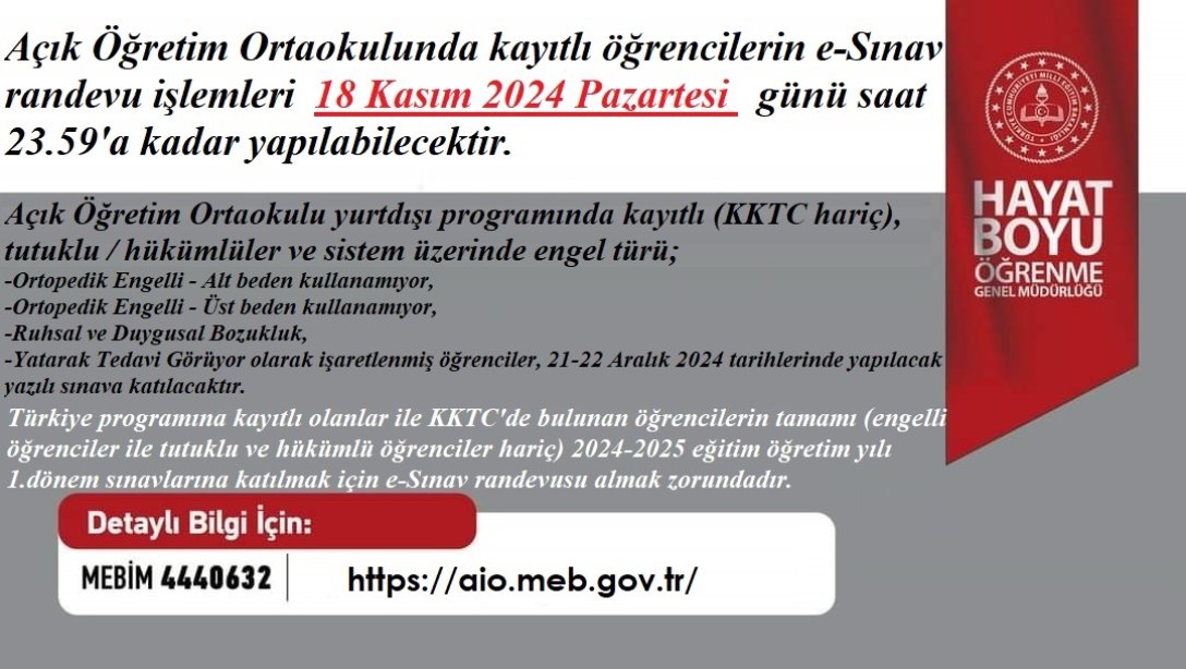 Açık Öğretim Ortaokulu E-Sınav Randevu İşlemlerinin Süresi Uzatıldı